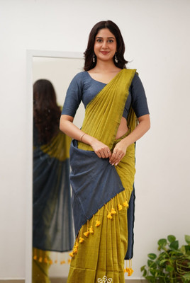 DHRITI Solid/Plain Handloom Cotton Blend Saree(Yellow)