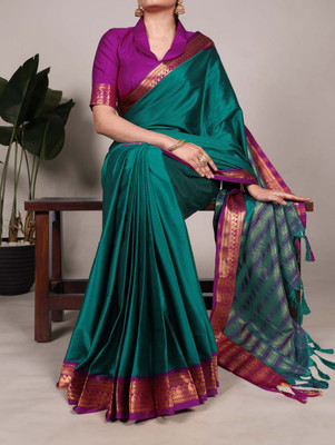 The Style Sanctuary Solid/Plain, Striped, Woven Bollywood Cotton Silk Saree(Yellow)