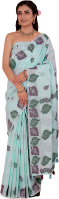 NEGRONI Printed Daily Wear Linen Saree(Light Blue)