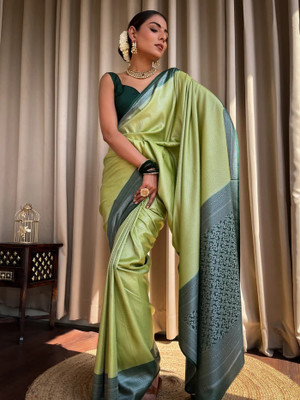 MIRMAN Striped Banarasi Pure Silk Saree(Light Green)