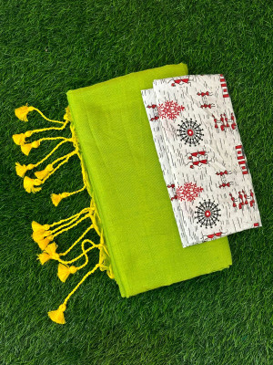 SMRITI BOUTIQUE Solid/Plain, Printed Kalamkari Handloom Pure Cotton Saree(Light Green, White)