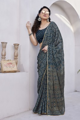 MIRCHI FASHION Printed, Striped Leheria Chiffon, Georgette Saree(Dark Blue, Beige, Gold)