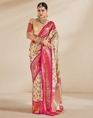 Samah Woven, Self Design, Embellished Banarasi Pure Silk, Jacquard Saree(Beige, Pink, Green)