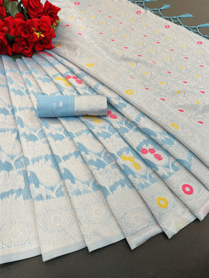 Bhavya Laxmi Textiles Woven Banarasi Cotton Linen Saree(Blue)