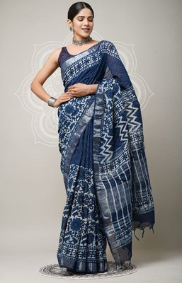 Sen Textiles Floral Print, Geometric Print, Printed, Blocked Printed, Temple Border Daily Wear Cotton Silk Saree(Dark Blue)