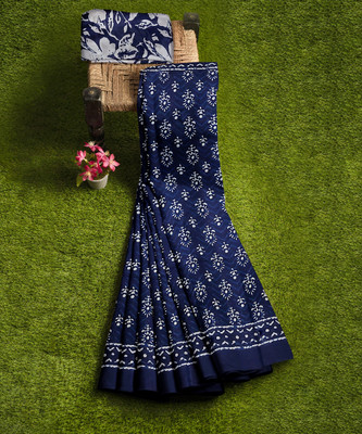 Krishna Creation Printed, Color Block, Self Design Ikkat Pure Cotton Saree(Blue)