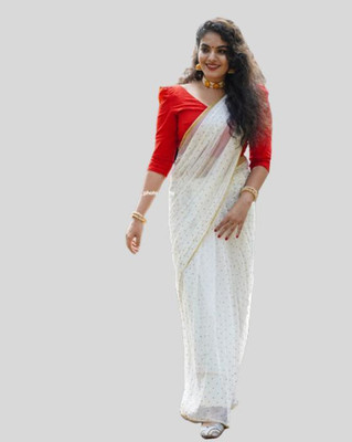 HouseOfCommon Polka Print Daily Wear Net, Chiffon Saree(White)
