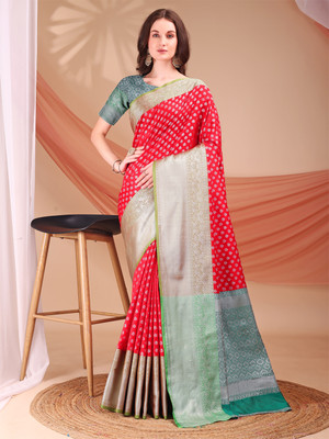 NIYAMI Woven Banarasi Jacquard, Cotton Silk Saree(Red)