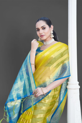 Aarunika SBT Striped Bollywood Organza Saree(Yellow, Blue)