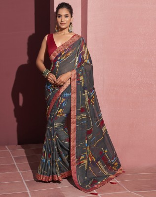 Samah Printed, Embellished Bollywood Georgette, Chiffon Saree(Grey, Multicolor)