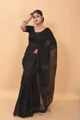Puspa Fashion Solid/Plain Handloom Cotton Silk Saree(Black)