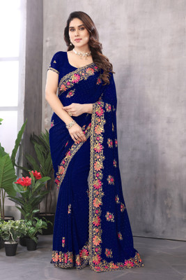 KHRITI FAB Embroidered Bollywood Georgette Saree(Blue)