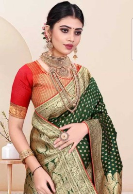 LEAFSY Self Design Banarasi Jacquard Saree(Green)