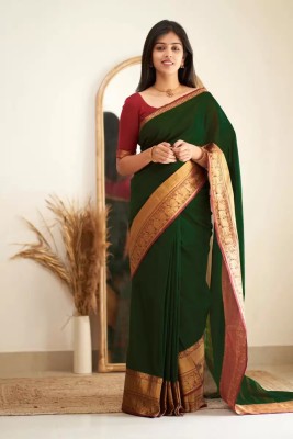 NIYAMI Self Design, Printed, Striped, Embroidered, Woven, Floral Print Banarasi Jacquard, Cotton Silk Saree(Dark Green)