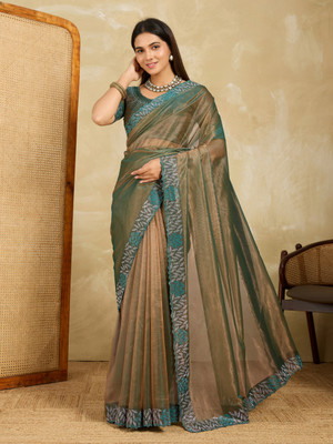 SARETRA MALL Solid/Plain, Floral Print Bollywood Organza, Tissue Saree(Green)