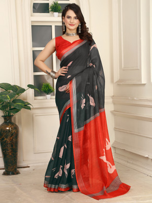Anouk Rustic Digital Print Daily Wear Cotton Linen Saree(Black)