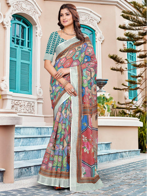 Anouk Rustic Digital Print Chinnalapattu Cotton Linen Saree(Brown)