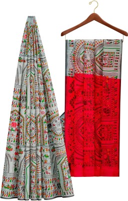 Ganesh plastic and industry Printed Madhubani Silk Blend Saree(Red, Grey)