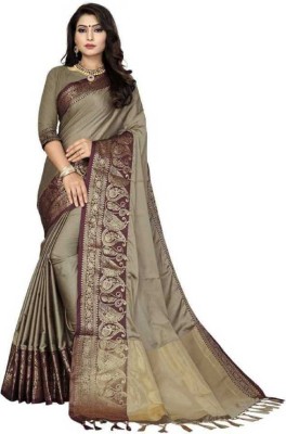 Varni Enterprise Woven Banarasi Jacquard, Cotton Silk Saree(Gold, Cream)