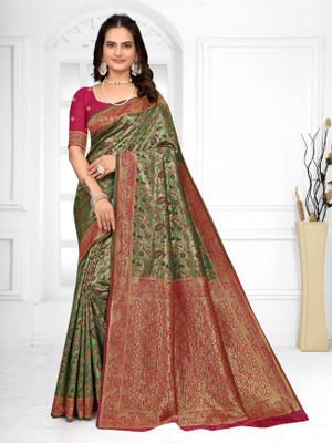 HouseOfCommon Woven, Self Design Kanjivaram Pure Silk, Silk Blend Saree(Pink, Dark Green)