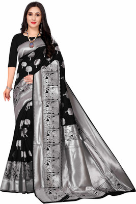 SareeChic Woven Kanjivaram Pure Silk Saree(Black)