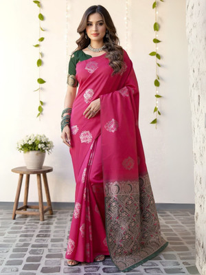 Niza Fashion Woven Bollywood Silk Blend Saree(Pink)