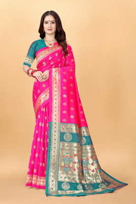 DHAYNAAND REEWA FASHION Woven Kanjivaram Jacquard, Tussar Silk Saree(Pink)