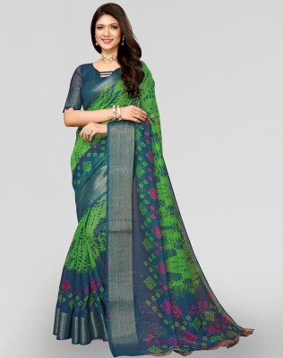 ANIRAV Printed Bollywood Cotton Linen Saree(Green)