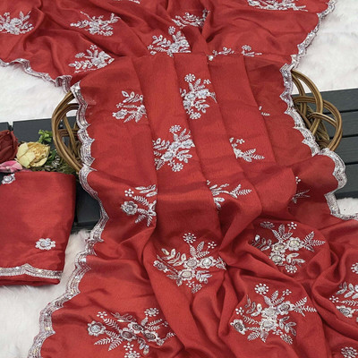 Moon Queen Embroidered Bollywood Silk Blend Saree(Red)