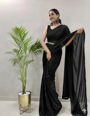 Vragi Solid/Plain Bollywood Lycra Blend Saree(Black)