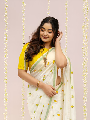Sarth fashion Printed, Floral Print Bollywood Linen Saree(White, Light Green)