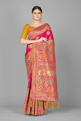 Monjolika Fashion Woven Banarasi Silk Blend Saree(Pink)