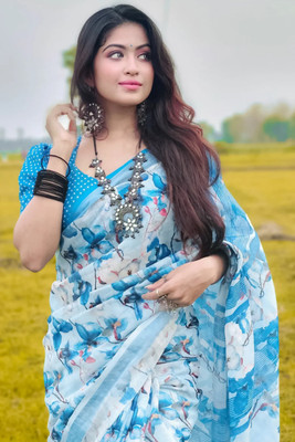 NXwear Fashion Floral Print Bollywood Linen Saree(Blue)