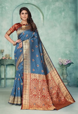 Perfect Wear Woven Patola Cotton Silk, Jacquard Saree(Blue, Red)