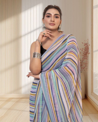 Jayu Digital Print, Embroidered, Printed, Striped Bollywood Georgette Saree(Blue)