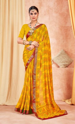 PinkEVE Embroidered, Printed Bollywood Chiffon Saree(Yellow, Red)