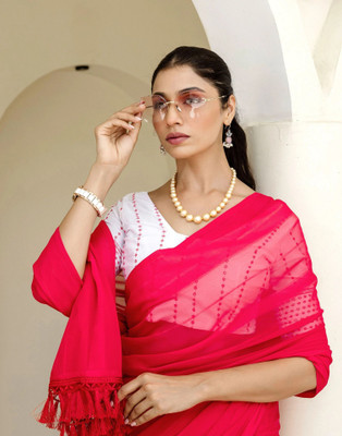 Samah Solid/Plain, Striped Daily Wear Georgette Saree(Pink)