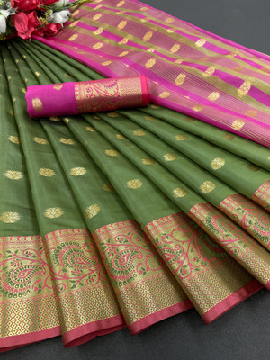 KANGLI Woven Banarasi Cotton Silk Saree(Green, Pink)