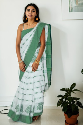ADIVASI SHOP Solid/Plain Handloom Cotton Blend Saree(White)