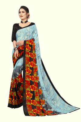 RUNAYA NX Digital Print Chanderi Chiffon Saree(Light Blue)