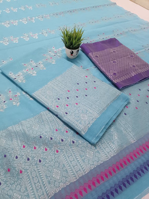 Sheden Lopez Creation Woven Mekhela Chador Cotton Silk Saree(Light Blue)