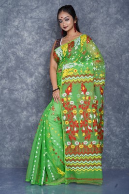 tantial Printed Jamdani Cotton Silk Saree(Light Green)