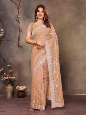 VIJAYAVALLABH Embroidered Bollywood Net Saree(Pink)