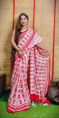 UR Affection Printed Handloom Pure Cotton Saree(Red, White)