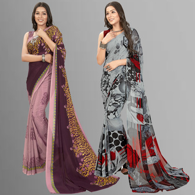 kashvi sarees Printed Daily Wear Georgette Saree(Pack of 4, Multicolor, Purple, Beige)