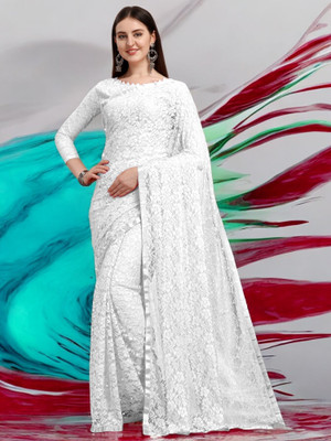 Nexxafashions Self Design Bollywood Net Saree(White)