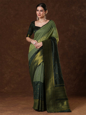 Tasrika Woven Venkatagiri Cotton Blend Saree(Dark Green)
