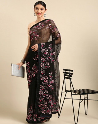 Fourleaf Embroidered Daily Wear Chiffon Saree(Black)