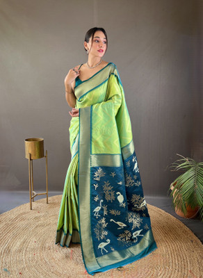 SGF11 Self Design Handloom Pure Silk Saree(Green)