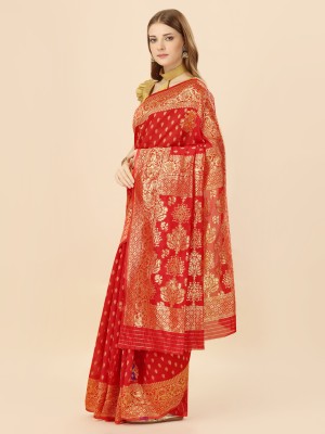 KAZIA Woven, Floral Print, Geometric Print, Self Design Banarasi Art Silk Saree(Red)